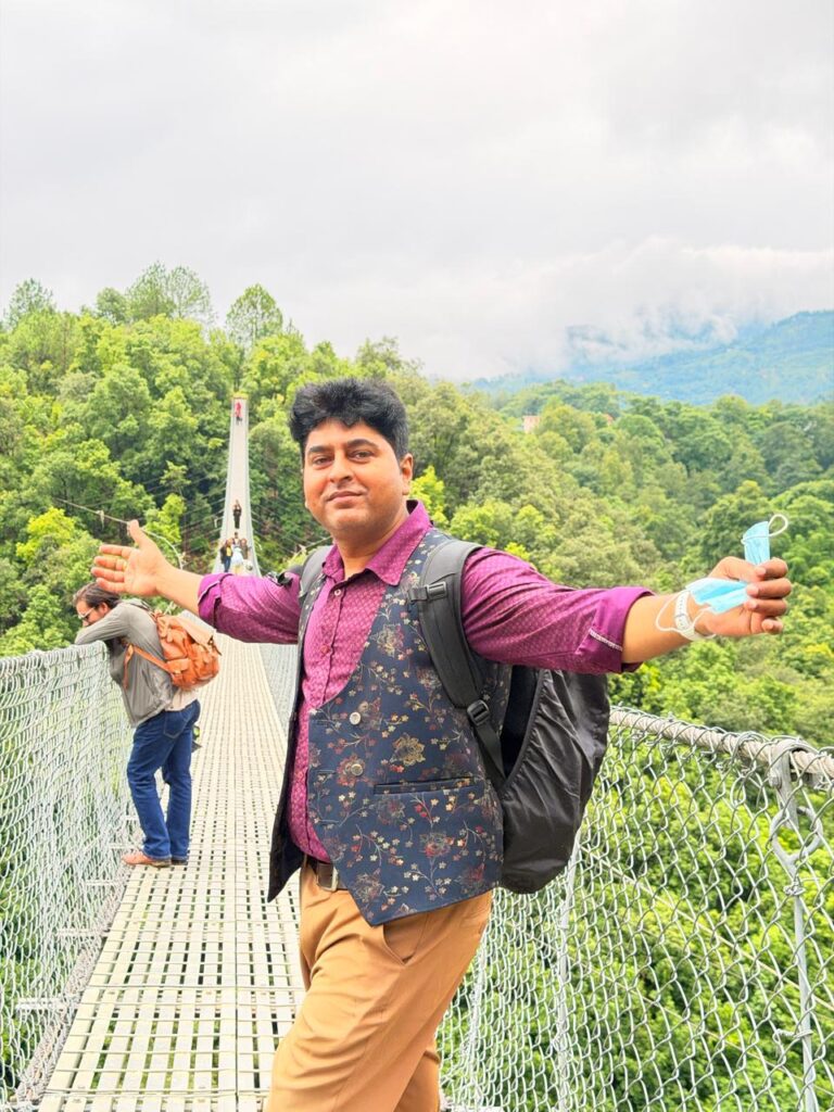 Mr. Universe enjoying with nature via Pharping Suspension Bridge